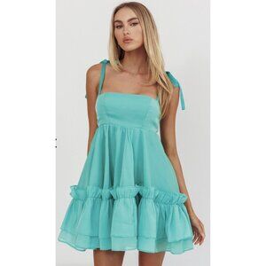 Selfie Leslie Aqua Tie-Shoulder Ruffle Babydoll Dress